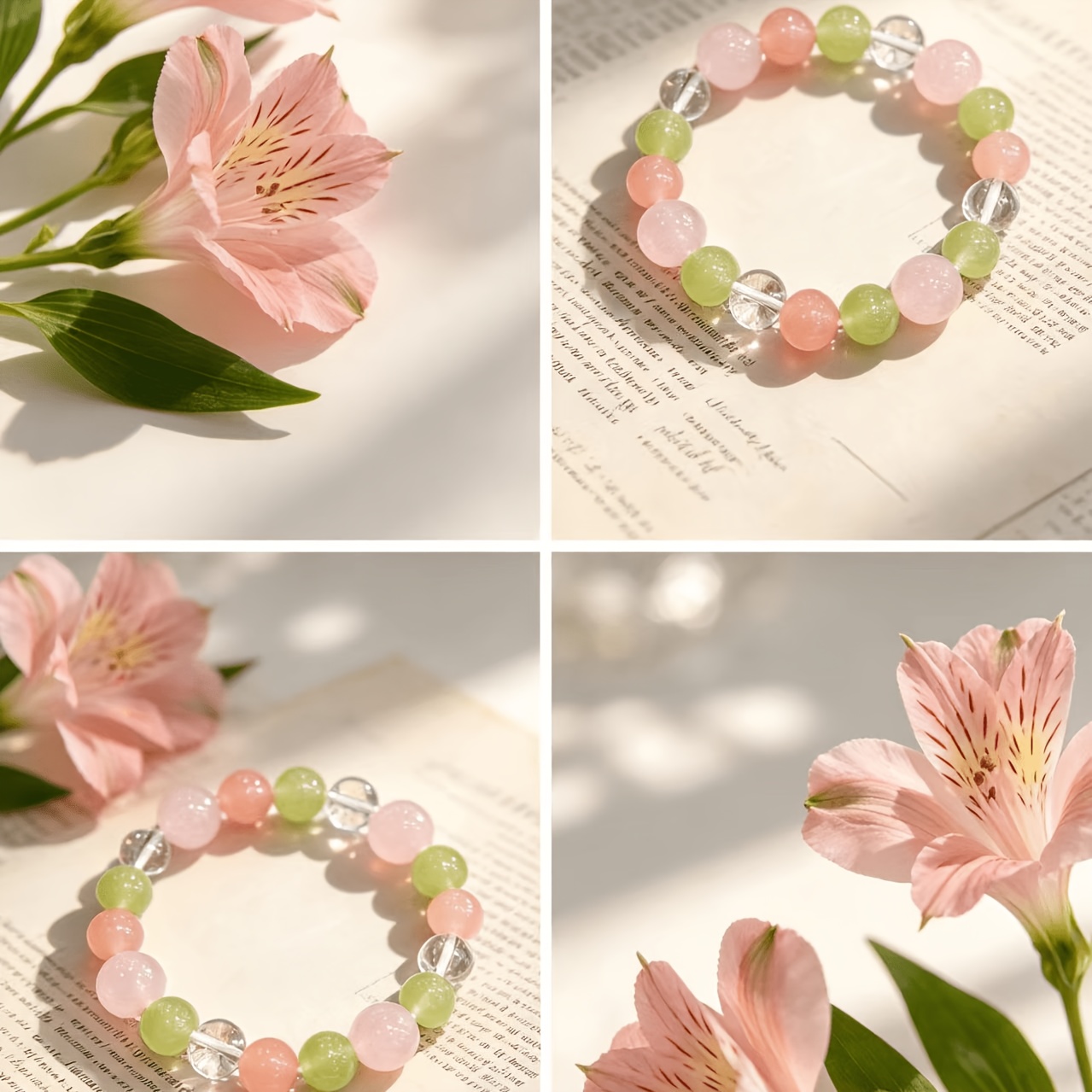 Boho Pastel Pink Green Crystal Beaded Bracelet, Handmade